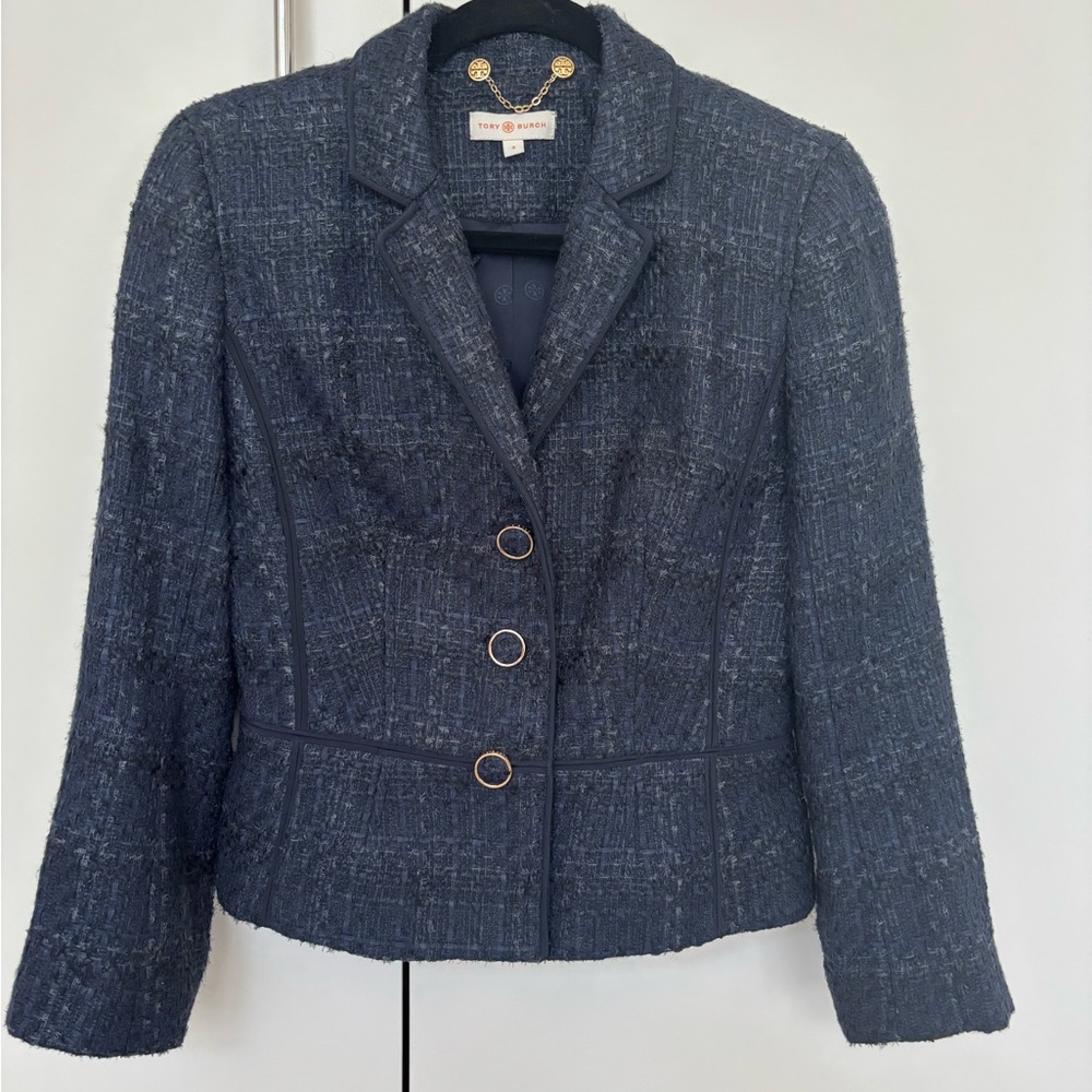 Tory Burch Blue Blazer with Notched Lapels and Structured Shoulders